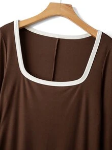 GlowEve CURVE Women's Plus Size Vintage Elegant Colorblock Trim Square Neck Bodycon Dress, Casual Slim Fit Elastic Ribbed Long Sleeves, Fall Base Office Brown - Multicolor - View 4