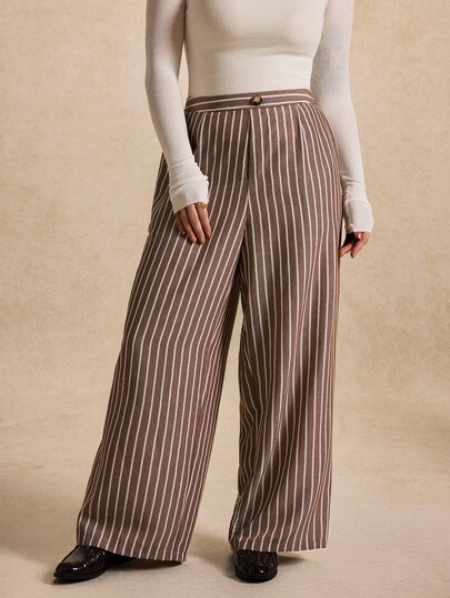 Écloséra Curve Plus Size Women's Elegant Commuter Style Vertical Striped Long Pants With Button Decor And Elastic Waist, Suitable For Office Commute, Casual Gatherings, Light Business Meetings