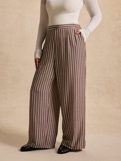 Écloséra Curve Plus Size Women's Elegant Commuter Style Vertical Striped Long Pants With Button Decor And Elastic Waist, Suitable For Office Commute, Casual Gatherings, Light Business Meetings