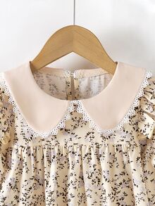 SHEIN Vintaside Kids 女童碎花彼得潘領長袖A字洋裝，適合日常穿著，秋季仙女公主風，婚禮生日彩虹系列 - 杏色 - 查看 4