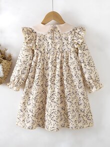 SHEIN Vintaside Kids 女童碎花彼得潘領長袖A字洋裝，適合日常穿著，秋季仙女公主風，婚禮生日彩虹系列 - 杏色 - 查看 2