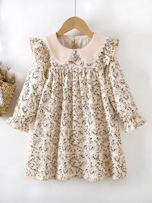 SHEIN Vintaside Kids 女童碎花彼得潘領長袖A字洋裝，適合日常穿著，秋季仙女公主風，婚禮生日彩虹系列 - 杏色 - 查看 3