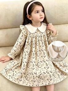 SHEIN Vintaside Kids 女童碎花彼得潘領長袖A字洋裝，適合日常穿著，秋季仙女公主風，婚禮生日彩虹系列 - 杏色 - 查看 1