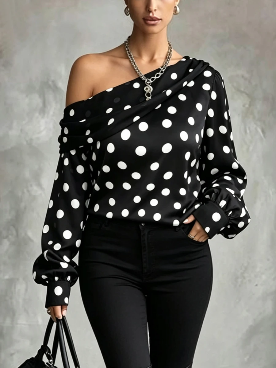 SHEIN Elenzya Women's Plus Size Black And White Polka Dot Satin Asymmetrical Shoulder Ruched Long Sleeve Blouse, Puff Sleeve Top Chiffon Patchwork, Elegant Fall - Black and White - View 1