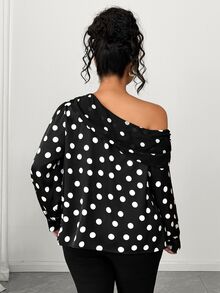 SHEIN Elenzya Women's Plus Size Black And White Polka Dot Satin Asymmetrical Shoulder Ruched Long Sleeve Blouse, Puff Sleeve Top Chiffon Patchwork, Elegant Fall - Black and White - View 2
