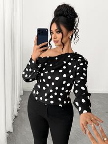 SHEIN Elenzya Women's Plus Size Black And White Polka Dot Satin Asymmetrical Shoulder Ruched Long Sleeve Blouse, Puff Sleeve Top Chiffon Patchwork, Elegant Fall - Black and White - View 4