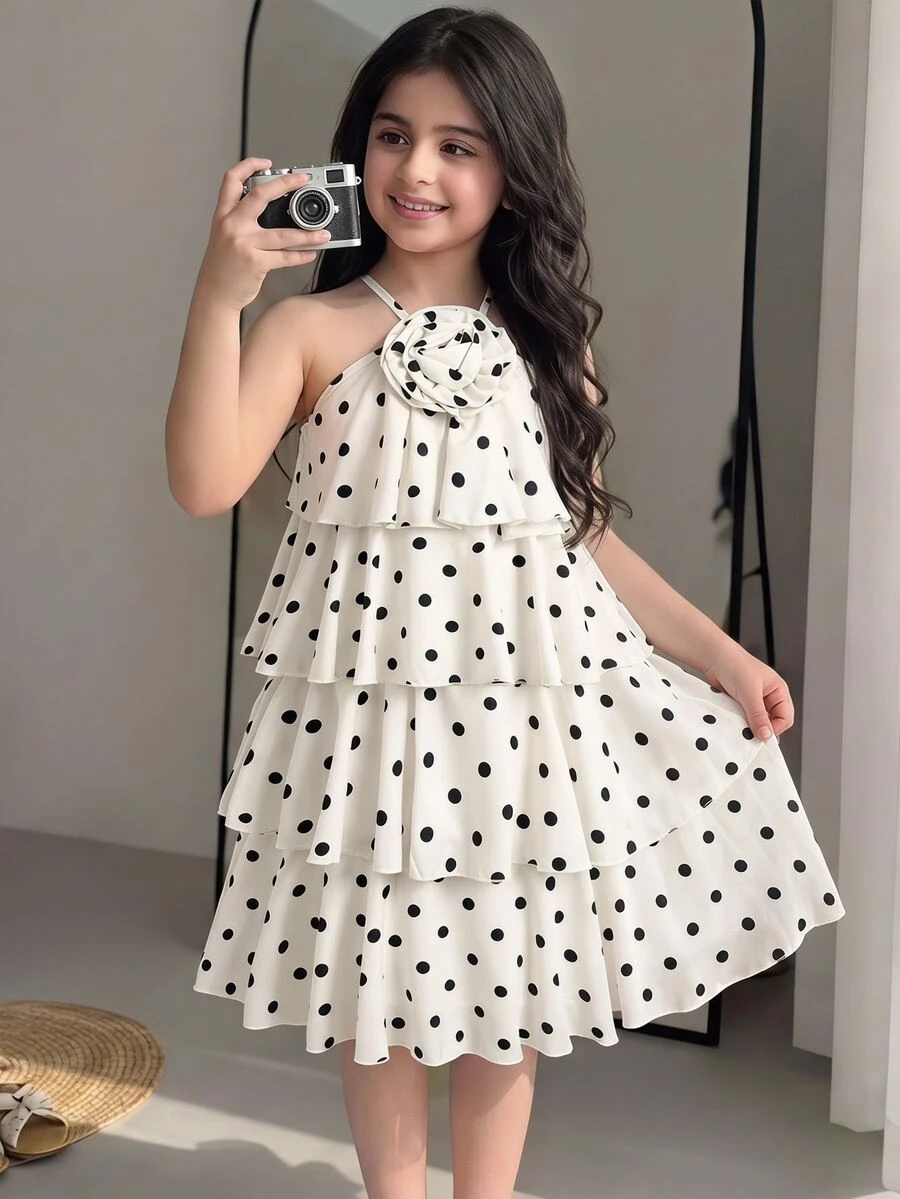 Kids Tween Girls White Black Polka Dot Printed Dress, Elegant Ruffle Party Dresses With 3D Floral - Apricot - View 1