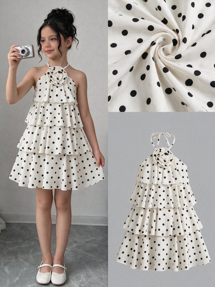 Kids Tween Girls White Black Polka Dot Printed Dress, Elegant Ruffle Party Dresses With 3D Floral - Apricot - View 9