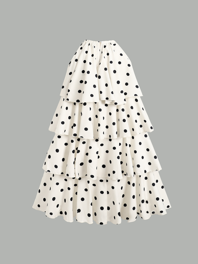 Kids Tween Girls White Black Polka Dot Printed Dress, Elegant Ruffle Party Dresses With 3D Floral - Apricot - View 3