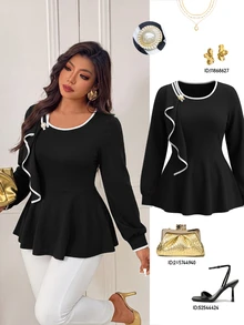 Femmeverse Atasan Rajut Wanita Ukuran Plus Elegan dengan Desain Ruffle Patchwork Blok Warna Hitam & Putih, Pinggang Terikat, Leher Bulat, dan Hem Mengembang, Serbaguna untuk Musim Gugur - Hitam dan Putih - View 3