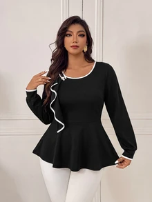 Femmeverse Atasan Rajut Wanita Ukuran Plus Elegan dengan Desain Ruffle Patchwork Blok Warna Hitam & Putih, Pinggang Terikat, Leher Bulat, dan Hem Mengembang, Serbaguna untuk Musim Gugur - Hitam dan Putih - View 6
