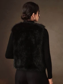 Anewsta Autumn/Winter Pure Black Faux Fur Vest Women's Sleeveless Fuzzy Top - Black - View 3