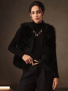 Anewsta Autumn/Winter Pure Black Faux Fur Vest Women's Sleeveless Fuzzy Top - Black - View 9