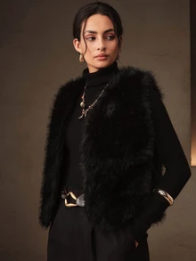 Anewsta Autumn/Winter Pure Black Faux Fur Vest Women's Sleeveless Fuzzy Top - Black - View 5