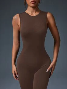 Slayform Slayform 1pc Women Solid Color Round Neck Daily Yoga/Fitness Jumpsuit With Backless Hollow-Out Design - Brown - View 3