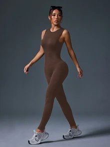 Slayform Slayform 1pc Women Solid Color Round Neck Daily Yoga/Fitness Jumpsuit With Backless Hollow-Out Design - Brown - View 5