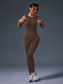Slayform Slayform 1pc Women Solid Color Round Neck Daily Yoga/Fitness Jumpsuit With Backless Hollow-Out Design - Brown - View 4