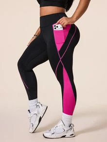 Slayform Women's Plus Size Colorblock Leggings With Pockets - Multicolor - View 3
