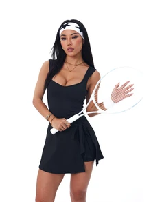 Slayform Slayform Women Solid Color Cross-Back Hollow Out Sleeveless Sports Mini Dress - Black - View 7