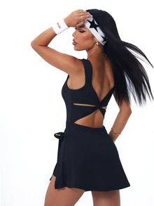 Slayform Slayform Women Solid Color Cross-Back Hollow Out Sleeveless Sports Mini Dress - Black - View 3