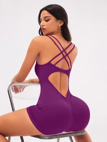Slayform Slayform Purple Sleeveless Tank Jumpsuit With Cut-Out Back Design For Active Women Fitness Bodysuit Workout Romper - Purple - View 3