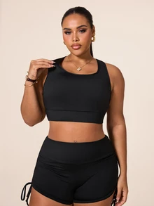 SHEIN Unity Women's Plus Size Solid Color Casual Versatile Daily Travel Sports T-Shirt - Black - View 4