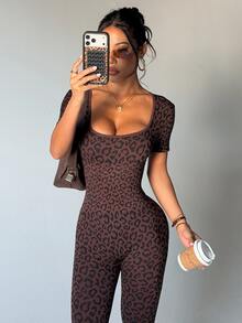 Slayform Slayform Dewbera Women's Seamless Waist Cinching Leopard Print Sexy Short Sleeve Yoga Jumpsuit - Coffee Brown - View 5