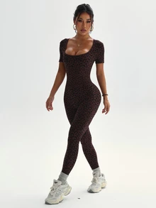 Slayform Slayform Dewbera Women's Seamless Waist Cinching Leopard Print Sexy Short Sleeve Yoga Jumpsuit - Coffee Brown - View 8