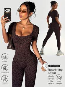 Slayform Slayform Dewbera Women's Seamless Waist Cinching Leopard Print Sexy Short Sleeve Yoga Jumpsuit - Coffee Brown - View 3