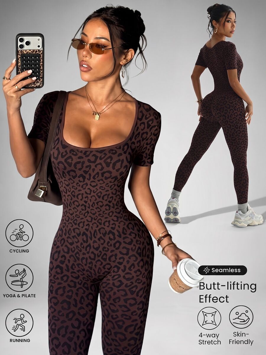 Slayform Slayform Dewbera Women's Seamless Waist Cinching Leopard Print Sexy Short Sleeve Yoga Jumpsuit - Coffee Brown - View 1