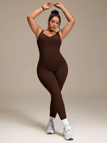 SHEIN Sports Plus Size Women's Sports Jumpsuit, Backless Shoulder Strap Seamless Tight Fit High Elasticity Jumpsuit Long Pants, Autumn/Winter - Brown - View 3