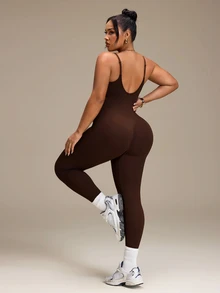 SHEIN Sports Plus Size Women's Sports Jumpsuit, Backless Shoulder Strap Seamless Tight Fit High Elasticity Jumpsuit Long Pants, Autumn/Winter - Brown - View 2