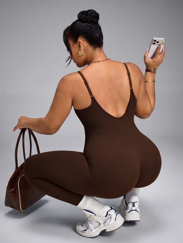 Slayform Plus Size Women's Sports Jumpsuit, Backless Shoulder Strap Seamless Tight Fit High Elasticity Jumpsuit Long Pants, Autumn/Winter