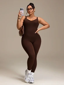 SHEIN Sports Plus Size Women's Sports Jumpsuit, Backless Shoulder Strap Seamless Tight Fit High Elasticity Jumpsuit Long Pants, Autumn/Winter - Brown - View 6