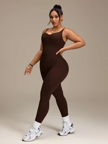 SHEIN Sports Plus Size Women's Sports Jumpsuit, Backless Shoulder Strap Seamless Tight Fit High Elasticity Jumpsuit Long Pants, Autumn/Winter - Brown - View 4