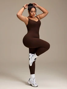 SHEIN Sports Plus Size Women's Sports Jumpsuit, Backless Shoulder Strap Seamless Tight Fit High Elasticity Jumpsuit Long Pants, Autumn/Winter - Brown - View 5