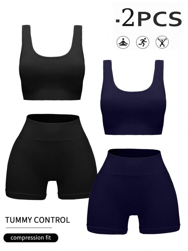 Slayform Slayform 2 Pcs Women Solid Ribbed Tank Top & Shorts Seamless Sports Suits Workout Women Sets - Multicolor - View 5