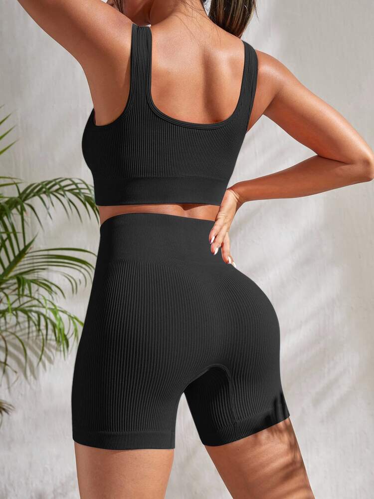 Slayform Slayform 2 Pcs Women Solid Ribbed Tank Top & Shorts Seamless Sports Suits Workout Women Sets - Multicolor - View 6