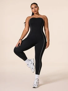 Gameset SHEIN Sport Plus Size Off-Shoulder Backless Seamless Sports Jumpsuit, Yoga Fitness Jumpsuit For Running And Daily Wear, Long Pants - Black - View 2