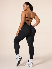 Gameset SHEIN Sport Plus Size Off-Shoulder Backless Seamless Sports Jumpsuit, Yoga Fitness Jumpsuit For Running And Daily Wear, Long Pants - Black - View 4