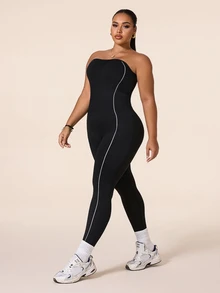 Gameset SHEIN Sport Plus Size Off-Shoulder Backless Seamless Sports Jumpsuit, Yoga Fitness Jumpsuit For Running And Daily Wear, Long Pants - Black - View 5