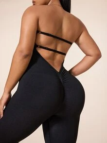 Gameset SHEIN Sport Plus Size Off-Shoulder Backless Seamless Sports Jumpsuit, Yoga Fitness Jumpsuit For Running And Daily Wear, Long Pants - Black - View 3