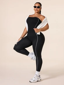 Gameset SHEIN Sport Plus Size Off-Shoulder Backless Seamless Sports Jumpsuit, Yoga Fitness Jumpsuit For Running And Daily Wear, Long Pants - Black - View 7