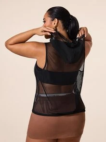 SHEIN Unity 女款大尺碼連帽網布拼接休閒百搭日常旅行運動T恤 - 黑色 - 查看 2