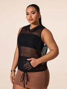 SHEIN Unity 女款大尺碼連帽網布拼接休閒百搭日常旅行運動T恤 - 黑色 - 查看 4