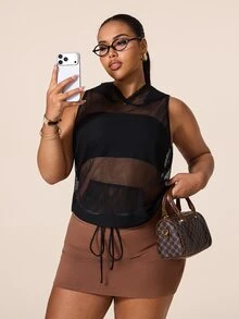 SHEIN Unity 女款大尺碼連帽網布拼接休閒百搭日常旅行運動T恤 - 黑色 - 查看 3