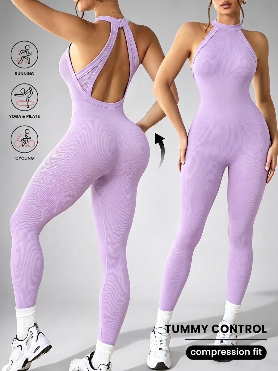 Slayform H1165 Black Seamless Sports Jumpsuit - Purple - View 1