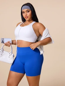 SHEIN Unity Women's Plus Size High Elastic High Waist Seamless Tight Butt Lifting Yoga Fitness Shorts - Royal Blue - View 8