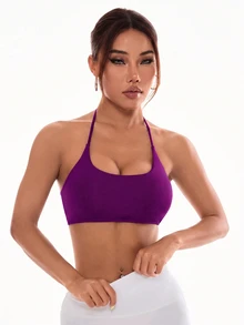 Slayform Slayform Women's Solid Color Criss-Cross Back Halter Neck Sports Bra - Bold Plum - View 8