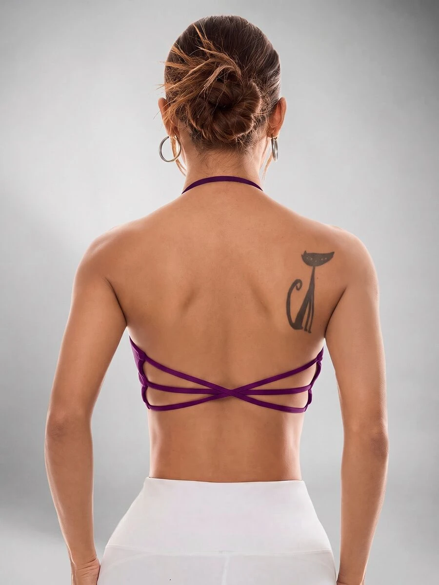 Slayform Slayform Women's Solid Color Criss-Cross Back Halter Neck Sports Bra - Bold Plum - View 1